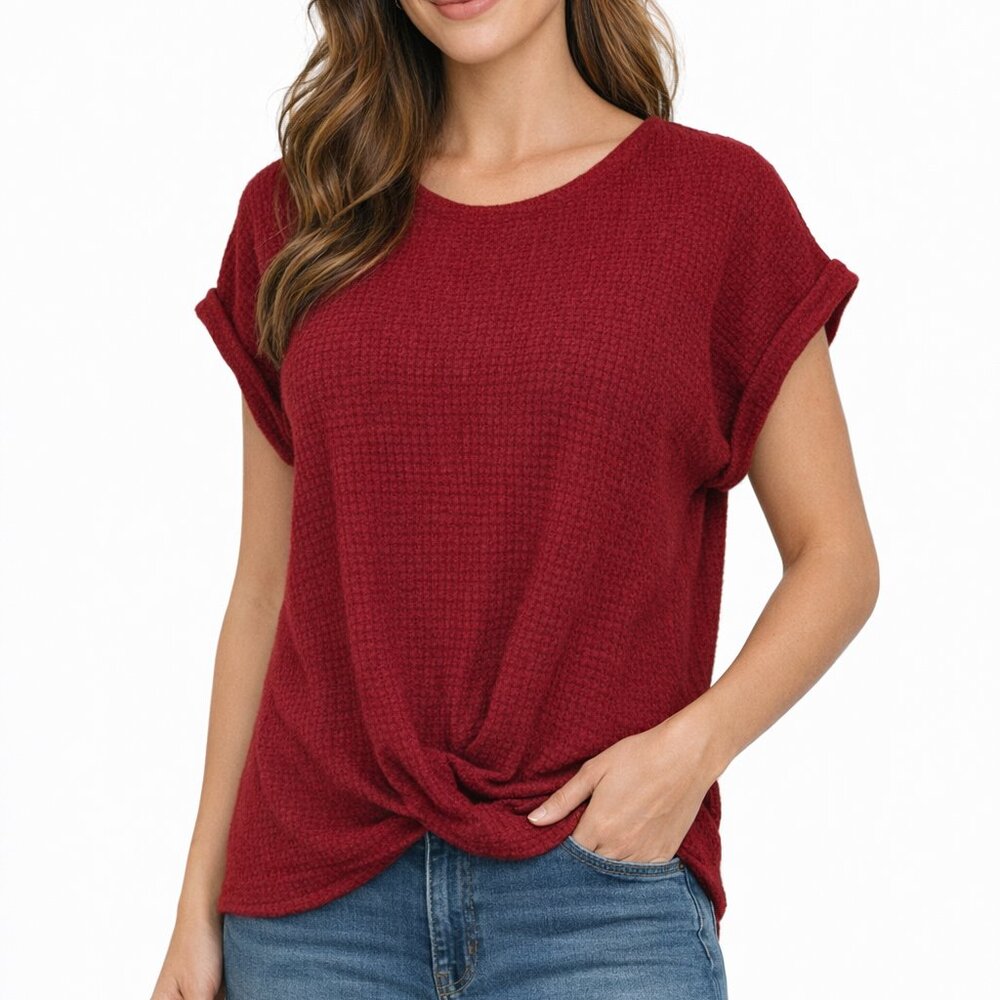 Burgundy Waffle Knit Twist Front Top M Short Sleeve
